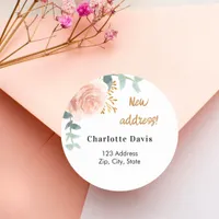 Rose gold pink floral moved new address classic round sticker