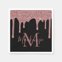 Black Rose Gold Glitter Drips Monogram Napkins