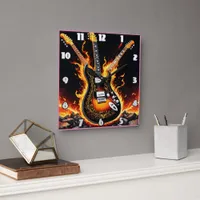 Electric guitars burst into fiery flames on stage square wall clock