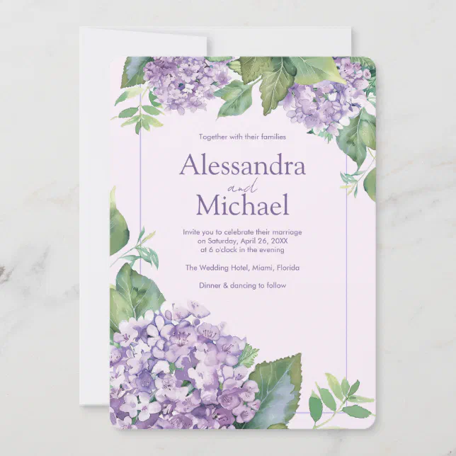 Watercolor Lavender Hydrangea Fern Leaves Wedding Invitation