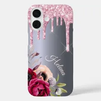 Silver pink glitter drips flowers name iPhone 16 case