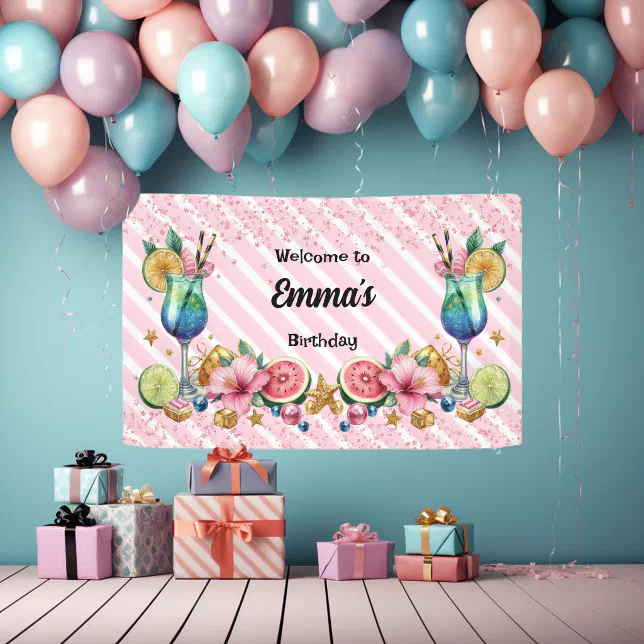 Pink Cocktail Candy Glitter Birthday Banner