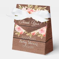 Pink flowers rustic brown wood baby shower favor boxes