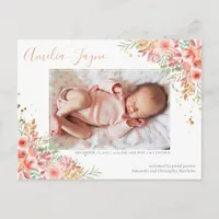 Gold Glitter Floral Photo Girl Birth Announcement Postcard