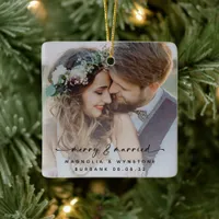 Merry & Married Newlyweds Photo Keepsake Ceramic Ornament