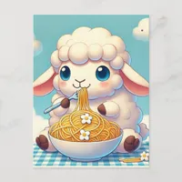 An adorable sheep eating spaghetti postcard