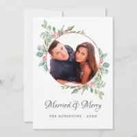Watercolor Geometric Eucalyptus Married and Merry Holiday Card