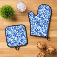 Stylish Greek Eye Blue and White Patterned Oven Mitt & Pot Holder Set