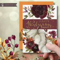 Elegant Burgundy Floral White Pumpkins Give Thanks Holiday Card