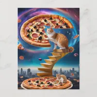 Surreal Cat on a Pizza Golden Stairs  Postcard