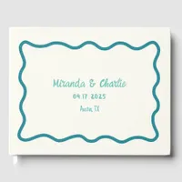 Whimsical Minimal Wavy Border Handwritten Teal Guest Book