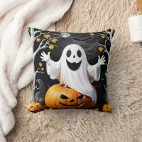 Whimsical ghost celebrates Halloween by a pumpkin Throw Pillow