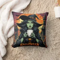 Witch with green skin sipping tea on Halloween Throw Pillow