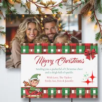 Personalized Christmas Elf and Plaid Sparkles Holiday Card