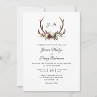 Elegant Rustic Floral Antlers Wedding Invitation