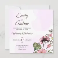 Dusty Rose Wildflower Watercolor Square Wedding Invitation