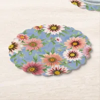 Pink Daisies on Blue Floral Pattern Paper Coaster