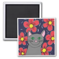 Grey cat with flowers magnet