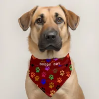 Custom Pet's Name Colorful Paw Prints Red BG Pet Bandana Collar