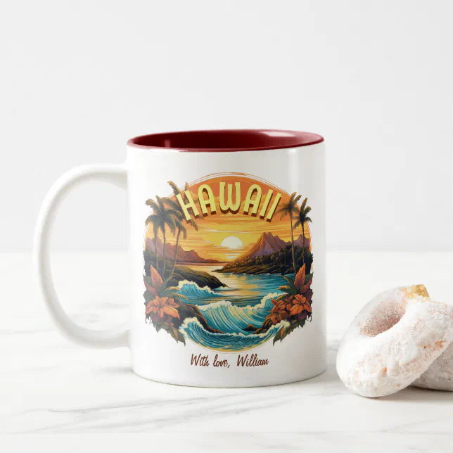 Vintage Art Sunset at Hawaii Beach Mountains Two-Tone Coffee Mug