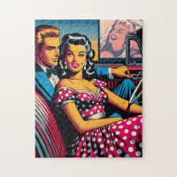 Retro Couple in Car at Drive In Movie Jigsaw Puzzle