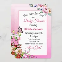 Pretty Floral Butterfly Girl's Baby Shower Invitation