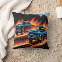 Classic hot rods racing through flames at sunset throw pillow