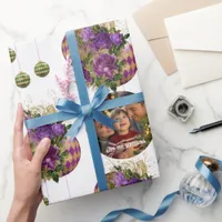 Elegant Purple Rose and Bauble Christmas Photo Wrapping Paper