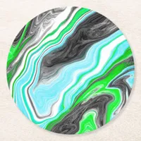 Lime Green and Aqua Blue Bubble Abstract Art  Round Paper Coaster