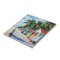 Colorful Tropical Vibrant Beach Huts Ceramic Tile