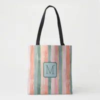 Wide Vertical Stripes Teals Color Block Monogram Tote Bag