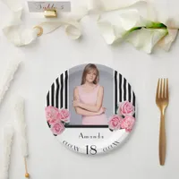 18th birthday black white stripes florals photo paper plates