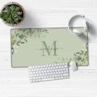 Elegant Eucalyptus Green Botanical Monogram Desk Mat