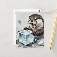 Angry otter breaking ice postcard