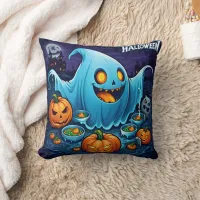 A playful Halloween ghost with pumpkins at night Throw Pillow