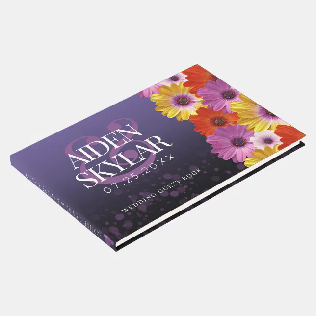 Elegant Daisies with Purple Glitter Wedding Guest Book