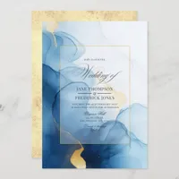 Luxurious Blue and Gold Flowing Ink Wedding Invitation