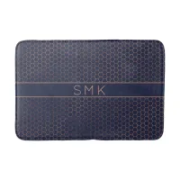 Modern Rose Gold Foil Navy Blue Hexagon Monogram Bath Mat