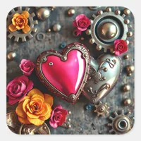 Pink Heart and Metal Gears Steampunk Square Sticker