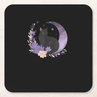 Cat Witchy Moon Flowers Pastel Goth Goblincore Square Paper Coaster