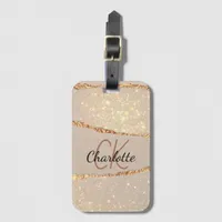 Beige gold agate marble monogram luxury luggage tag