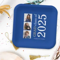 Modern Typography 3 photos Blue 2025 Graduation Paper Plates