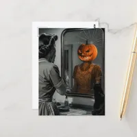 Spooky Jack-o-lantern Woman and Cat Retro Postcard