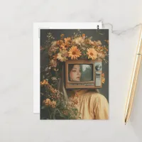 Unique Surreal Woman with TV for head and flowers  Postcard