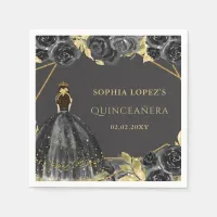 Elegant Black Gold Floral Princess Quinceanera  Napkins