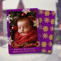 Gold Foil Snowflakes and Family Photo Personalized Foil Holiday Card