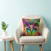 Owl with Colorful Feathers Quirky AI Art Throw Pillow