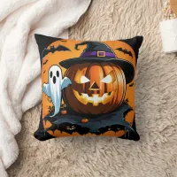 Halloween ghost floats beside a carved pumpkin throw pillow