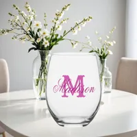 Girly pink monogram and name  stemless wine glass