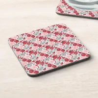Doodle Art Style Red Pink Roses Hearts Valentine's Beverage Coaster